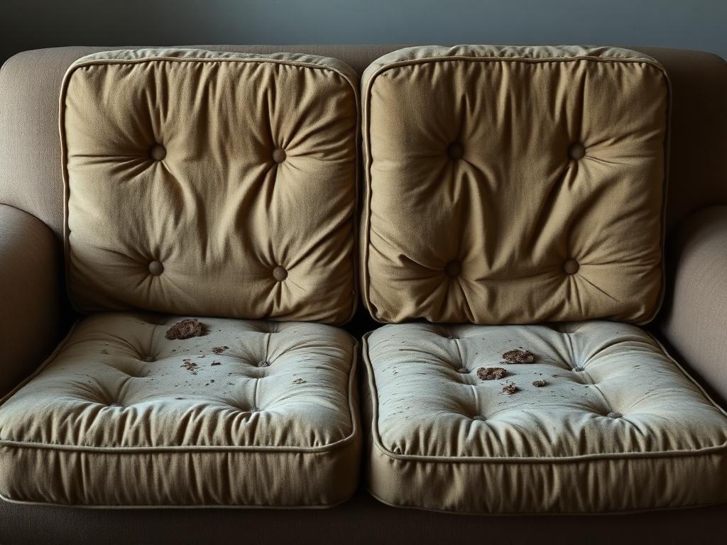 Flattened and stained sofa seat cushions with collapsed foam