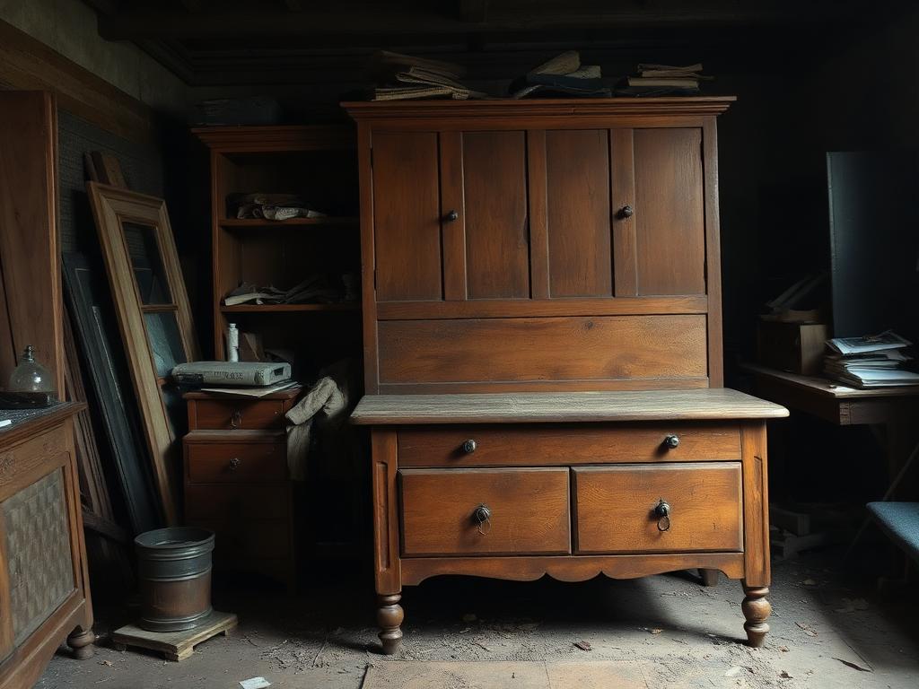 Old scratched wooden furniture in a dim, cluttered room